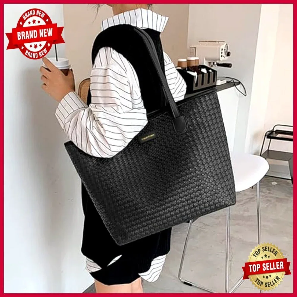 Large Vegan Leather Tote Bag with Zipper Closure for Work and Travel